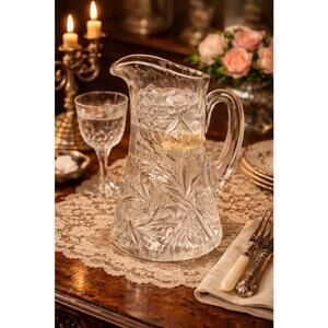 Antique 1890s American Brilliant Period Cut Crystal Water Pitcher Pinwheel, 9.5”